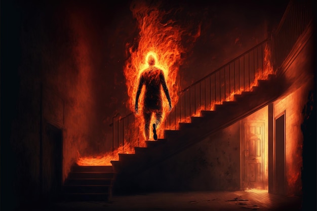 Feu humain descendant les escaliers dans une maison abandonnée Un homme se tient sur un ancien escalier dans le contexte d'une maison mystérieuse détruite en feu Peinture d'illustration de style d'art numérique