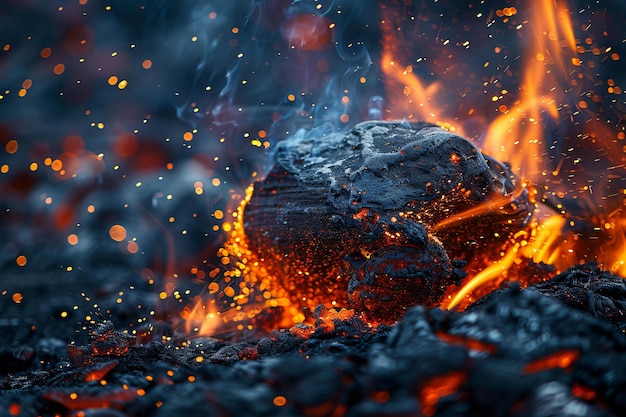 Un feu intense et des étincelles entourent un rocher noir la nuit