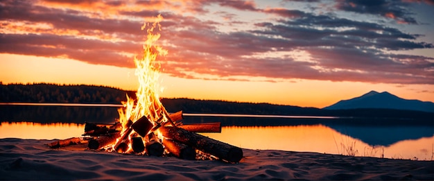 Un feu de joie au bord d'un lac dans la nature pendant le coucher du soleil en format bannière