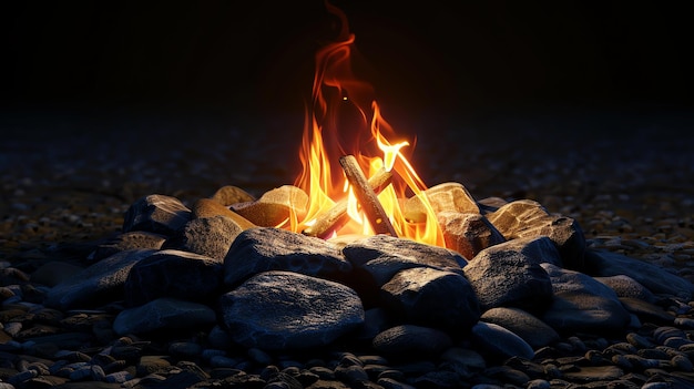 Un feu de joie brillant brûle brillamment entouré d'un anneau de roches sombres Le feu projette une lueur chaude et accueillante parfaite pour une nuit confortable à l'extérieur
