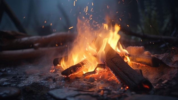 Feu de joie brûlant dans la forêt automne flamme bâtons et charbons en feu gros plan