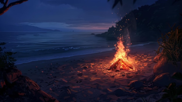 Un feu de joie brûlant sur la plage la nuit jetant une lueur chaude alors que les amis se rassemblent autour de partager des histoires et des rires