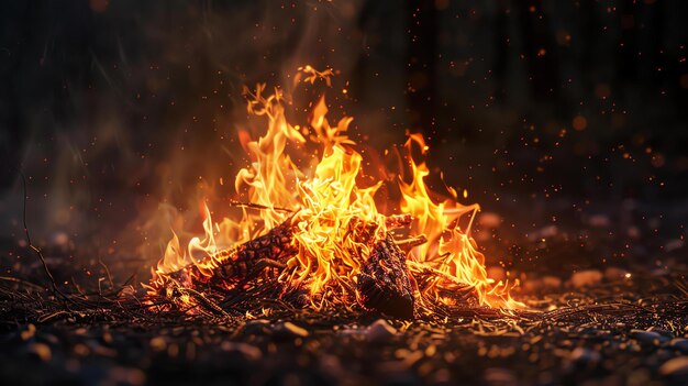 Un feu de joie brûle brillamment dans la nuit jetant une lueur chaude sur les arbres environnants les flammes dansent et clignotent créant un spectacle hypnotisant