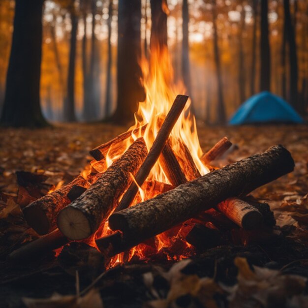 Feu de joie dans la forêt d'automne en gros plan