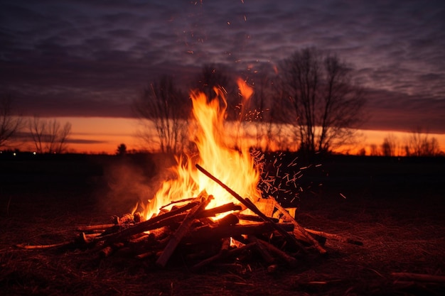 Feu de joie avec une lune pleine qui se lève en arrière-plan