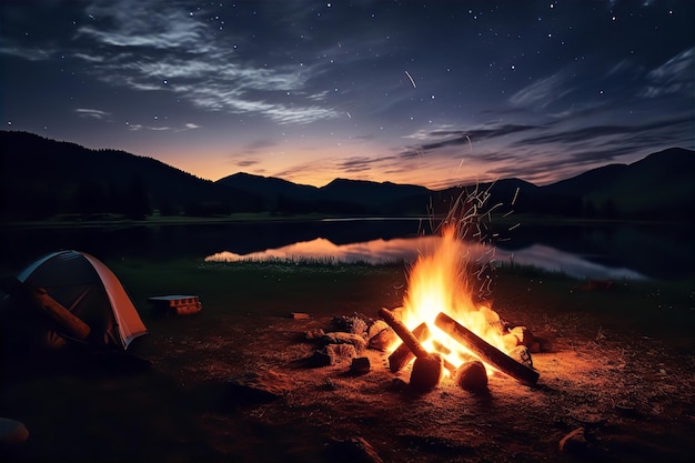 Feu de joie la nuit dans la vallée Moment de camping d'été dans la vallée avec feu de joie