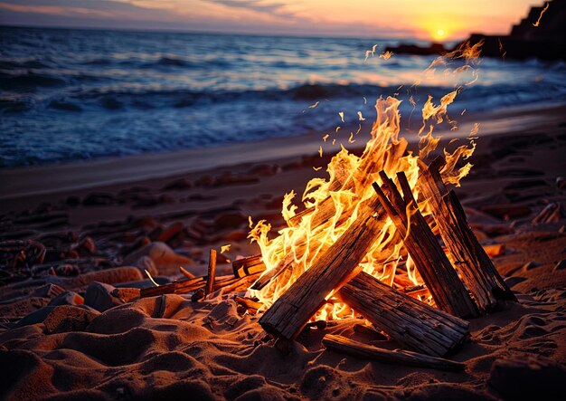 Feu de joie sur la plage au coucher du soleil Camping sur la mer