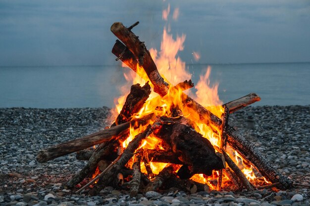 Un feu de joie sur la plage Un feu de joie sur une plage de galets