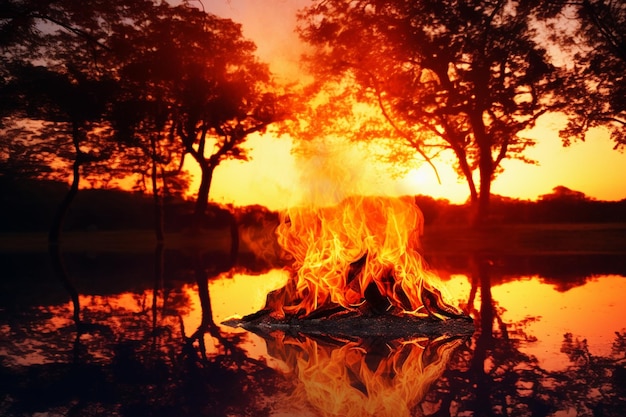 Photo le feu de joie reflète la beauté de la nature et génère la tranquillité.