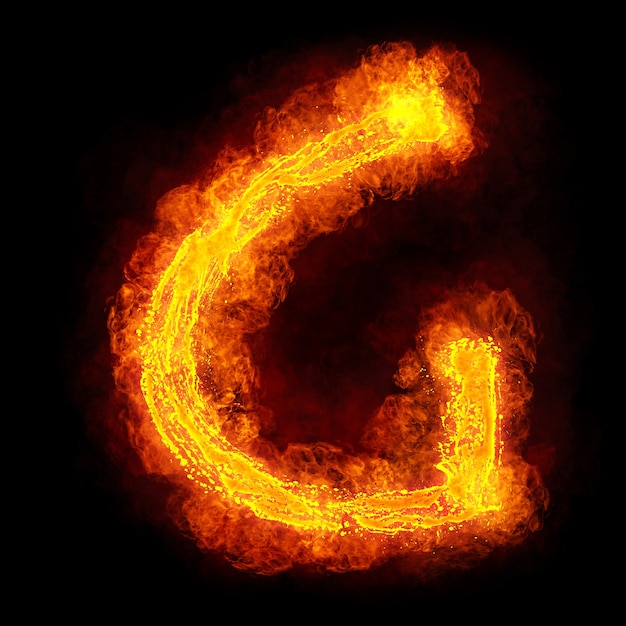 Photo feu lettre g. fiery font. symbole de police flamboyant lumineux.