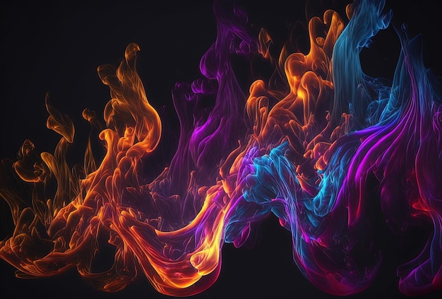 Feu de néon multicolore sur fond sombre Flammes surréalistes de rouge bleu et jaune Motif mobile fantastique rendu 3D généré par l'IA