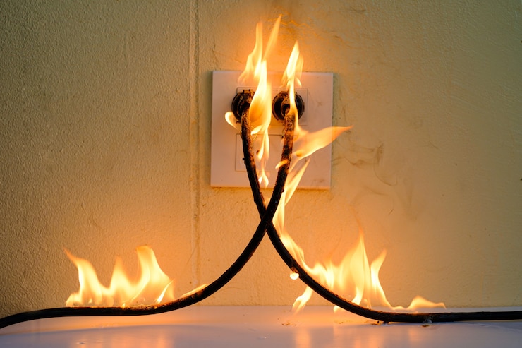 Photo en feu prise de fil électrique sur le mur de béton fond de béton exposé