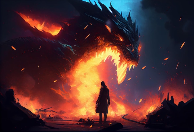 Le feu respire explose d'un dragon géant dans une nuit noire le concept épique de bataille maléfique Générer Ai