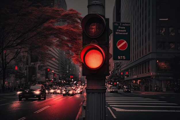 Feu rouge avec vue sur la rue animée de la ville la nuit
