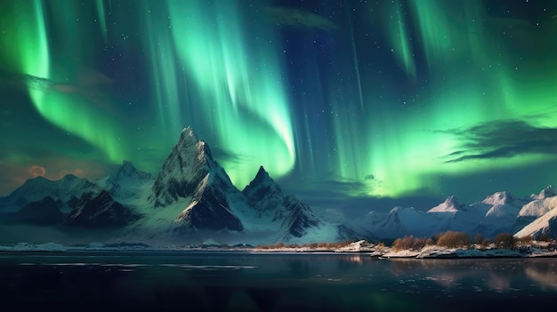 un feu vert dans le ciel au-dessus des montagnes enneigées