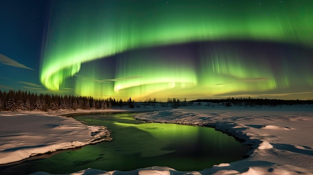 un feu vert dans le ciel au-dessus d'une rivière