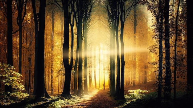 Feuillage d'automne dans les bois Fonds d'écran de paysages de bois vert et de soleil
