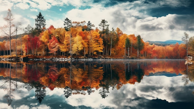 Photo le feuillage d'automne se reflète dans un lac calme
