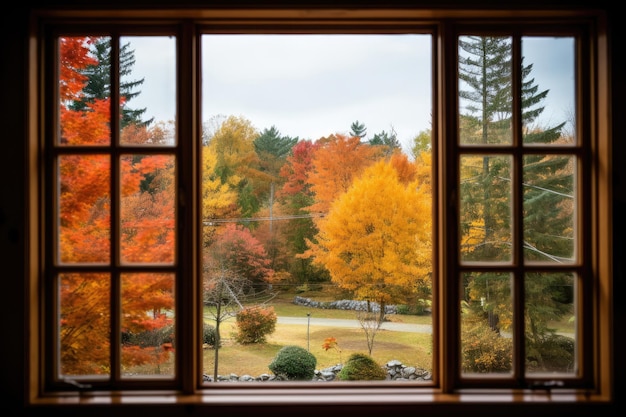 un feuillage d'automne vibrant vu depuis une fenêtre parfait comme toile de fond de Thanksgiving