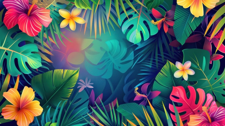 Photo le feuillage de la jungle tropicale avec des fleurs et des feuilles vibrantes sur un fond coloré