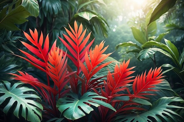 Le feuillage tropical rouge et le fond de la nature floue