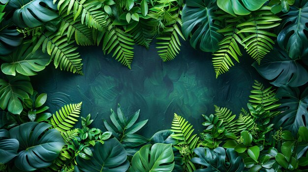 Le feuillage tropical vert luxuriant avec une touche botanique et un espace de copie ample