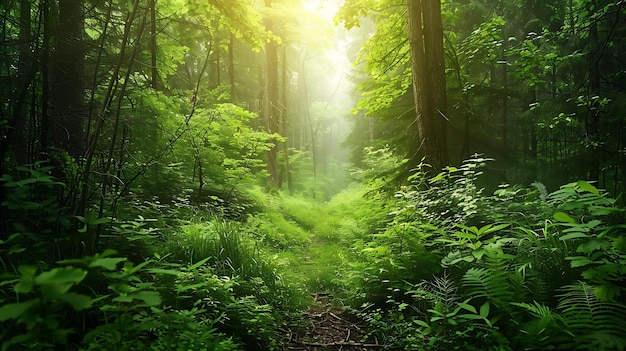 Photo le feuillage vert luxuriant de la forêt crée une dense canopée filtrant la lumière du soleil et jetant un motif tacheté sur le sol de la forêts.