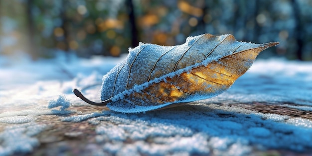 Feuille arrachée sur une roche couverte de gel et de gel génératif ai