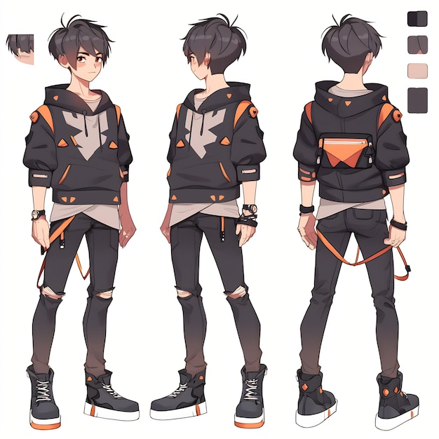 Une feuille d'art conceptuelle de changement de personnage d'anime à la mode présentant le design élégant d'un bel adolescent