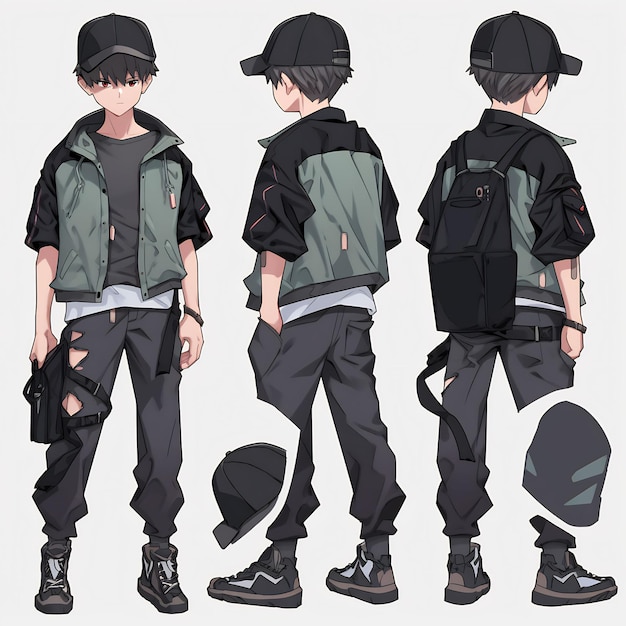 Feuille d'art conceptuelle de retournement de personnage de garçon d'anime à la mode présentant le design élégant d'un bel adolescent