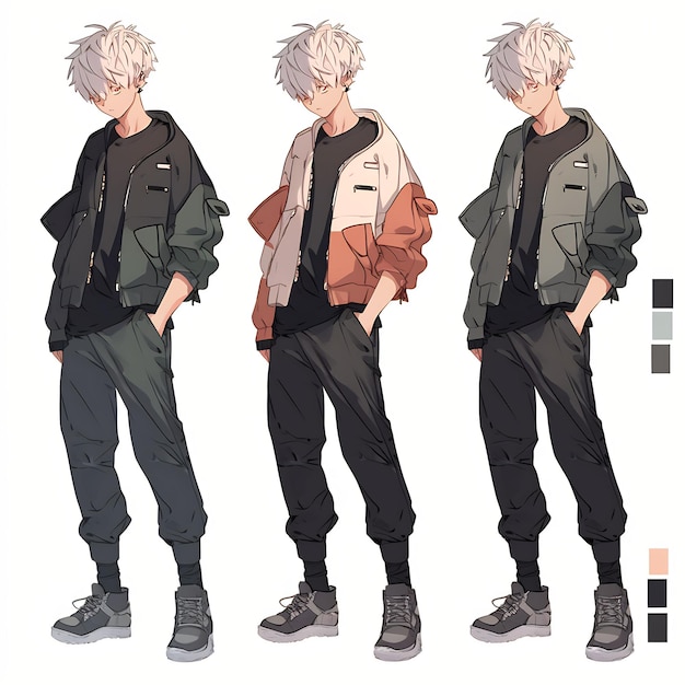 Feuille d'art conceptuelle de retournement de personnage de garçon d'anime à la mode présentant le design élégant d'un bel adolescent