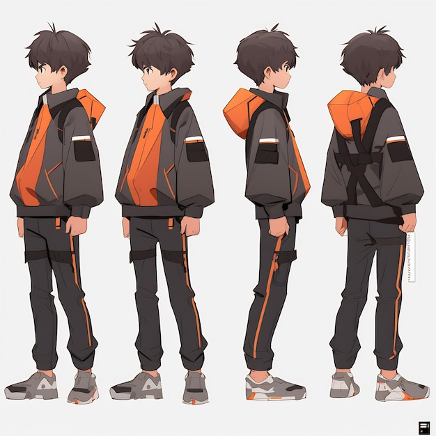 Feuille d'art conceptuelle de retournement de personnage de garçon d'anime à la mode présentant le design élégant d'un bel adolescent