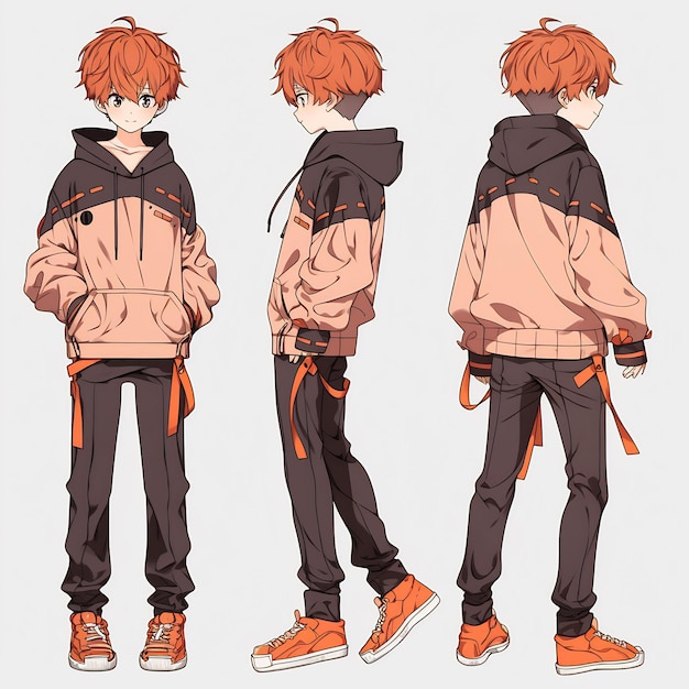 Photo feuille d'art conceptuelle de retournement de personnage de garçon d'anime à la mode présentant le design élégant d'un bel adolescent