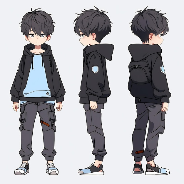 Feuille d'art conceptuelle de retournement de personnage de garçon d'anime à la mode présentant le design élégant d'un bel adolescent