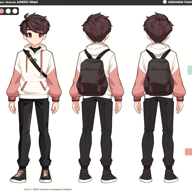 Feuille d'art conceptuelle de retournement de personnage de garçon d'anime à la mode présentant le design élégant d'un bel adolescent