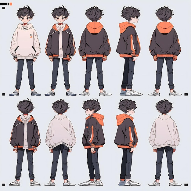 Feuille d'art conceptuelle de retournement de personnage de garçon d'anime à la mode présentant le design élégant d'un bel adolescent