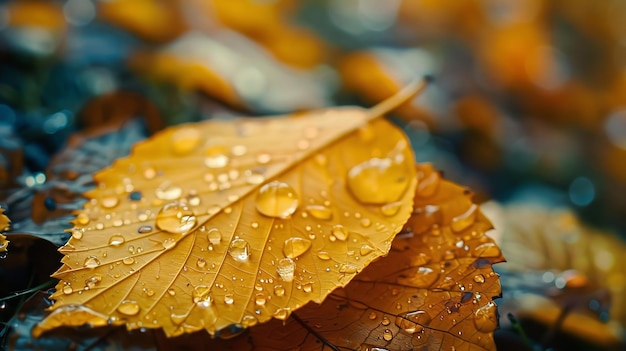 Une feuille d'automne de couleur dorée avec des gouttes de pluie sur elle AI générative