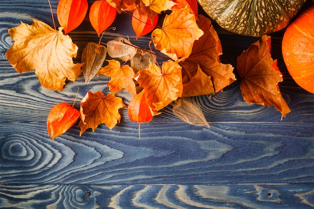 Feuille d'automne sur fond en bois bleu