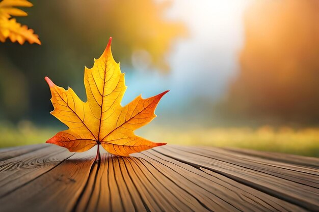 Feuille d'automne sur une table en bois au soleil