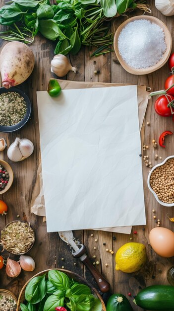 Photo une feuille blanche entourée d'une variété d'ingrédients de cuisine frais sur une surface en bois