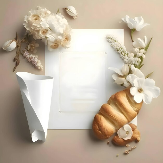 Une feuille blanche une feuille vide avec un cube entouré de pain et de fleurs blanches