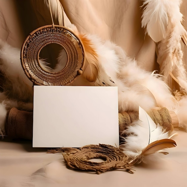 Une feuille blanche de papier, des plumes d'oiseau et des ornements en osier tout autour.