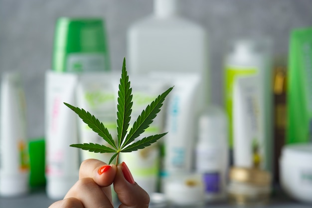 Feuille de cannabis dans une main féminine sur un fond avec divers cosmétiques à base de chanvre