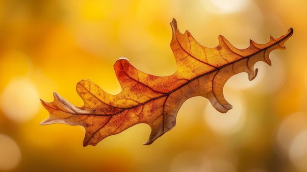 Une feuille de chêne transparente sur un fond doré flou