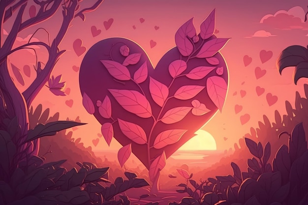Feuille de coeur au milieu d'un coucher de soleil d'IA générative rose