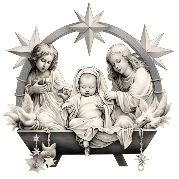 Feuille de coloration noir et blanc d'une crèche un bébé né et deux anges l'étoile de Noël comme symbole de la naissance du sauveur