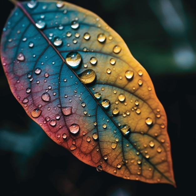 Une feuille colorée avec des gouttelettes d'eau dessus est recouverte de gouttelettes d'eau.