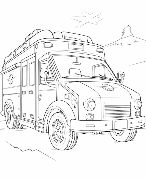 Feuille de coloriage d'ambulance de dessin animé d'intervention d'urgence