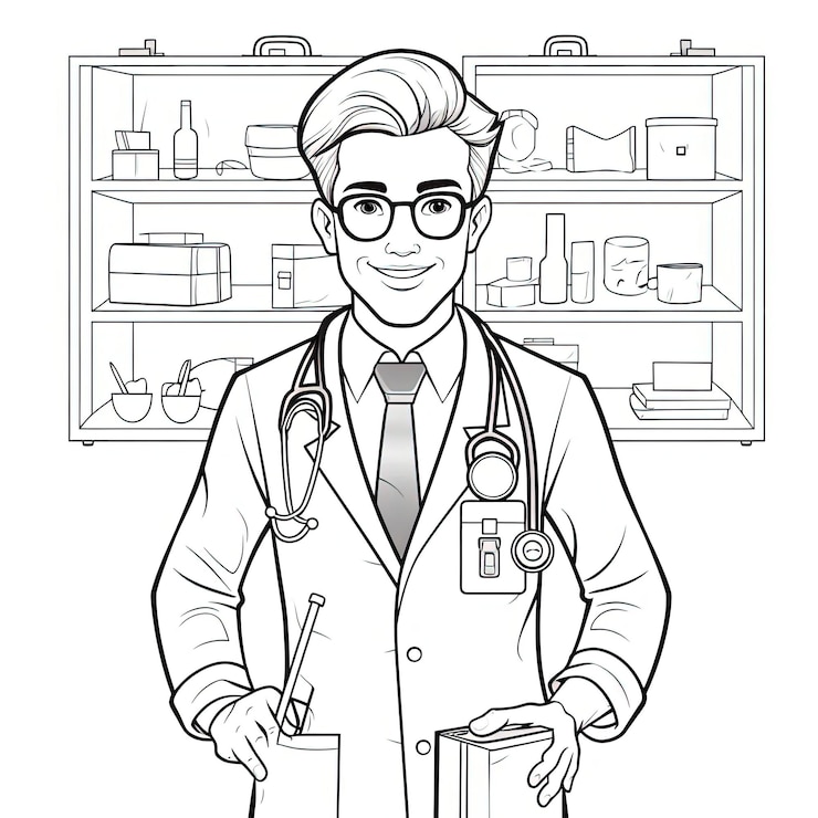 Photo feuille de coloriage de médecin avec une version imprimée d'un kit médical dans le style de gestes émotifs