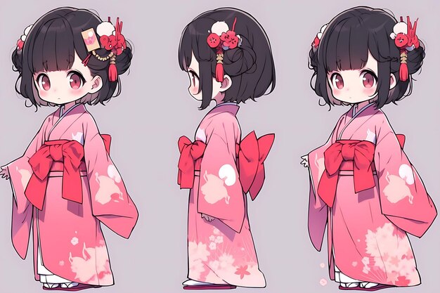 Feuille de concept de redressement de personnage de fille Chibi Anime mignon Kawaii, tenues de mode élégantes et à la mode